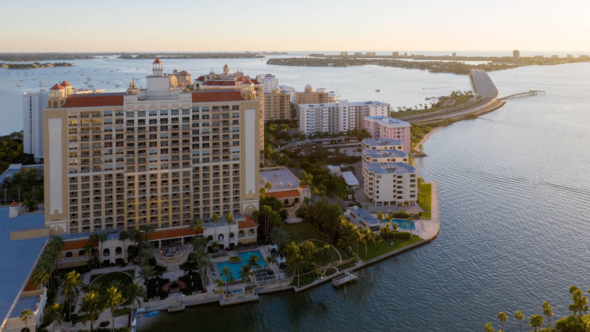 Aerial view of The Ritz-Carlton, Sarasota resort, pool deck and waterfront
